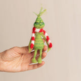 Whimsical Holiday Green Monster Outfit for Newborns with Felted Toy and Striped Scarf