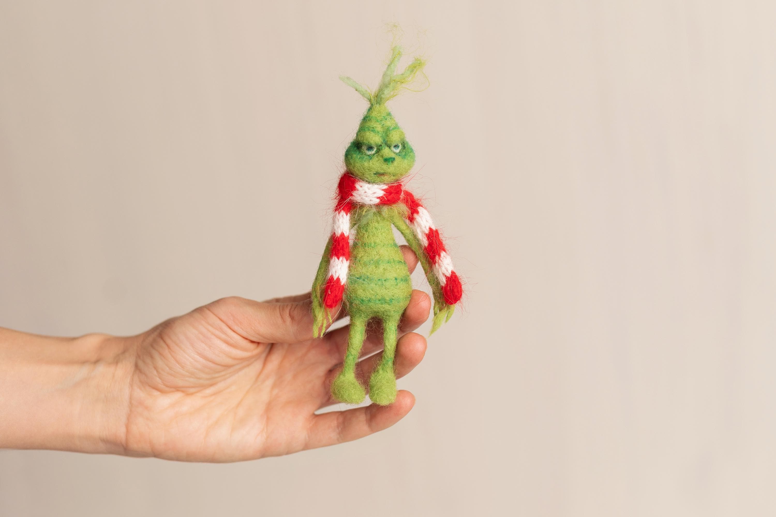 Whimsical Holiday Green Monster Outfit for Newborns with Felted Toy and Striped Scarf