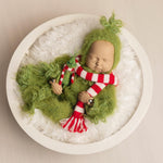 Whimsical Holiday Green Monster Outfit for Newborns with Felted Toy and Striped Scarf