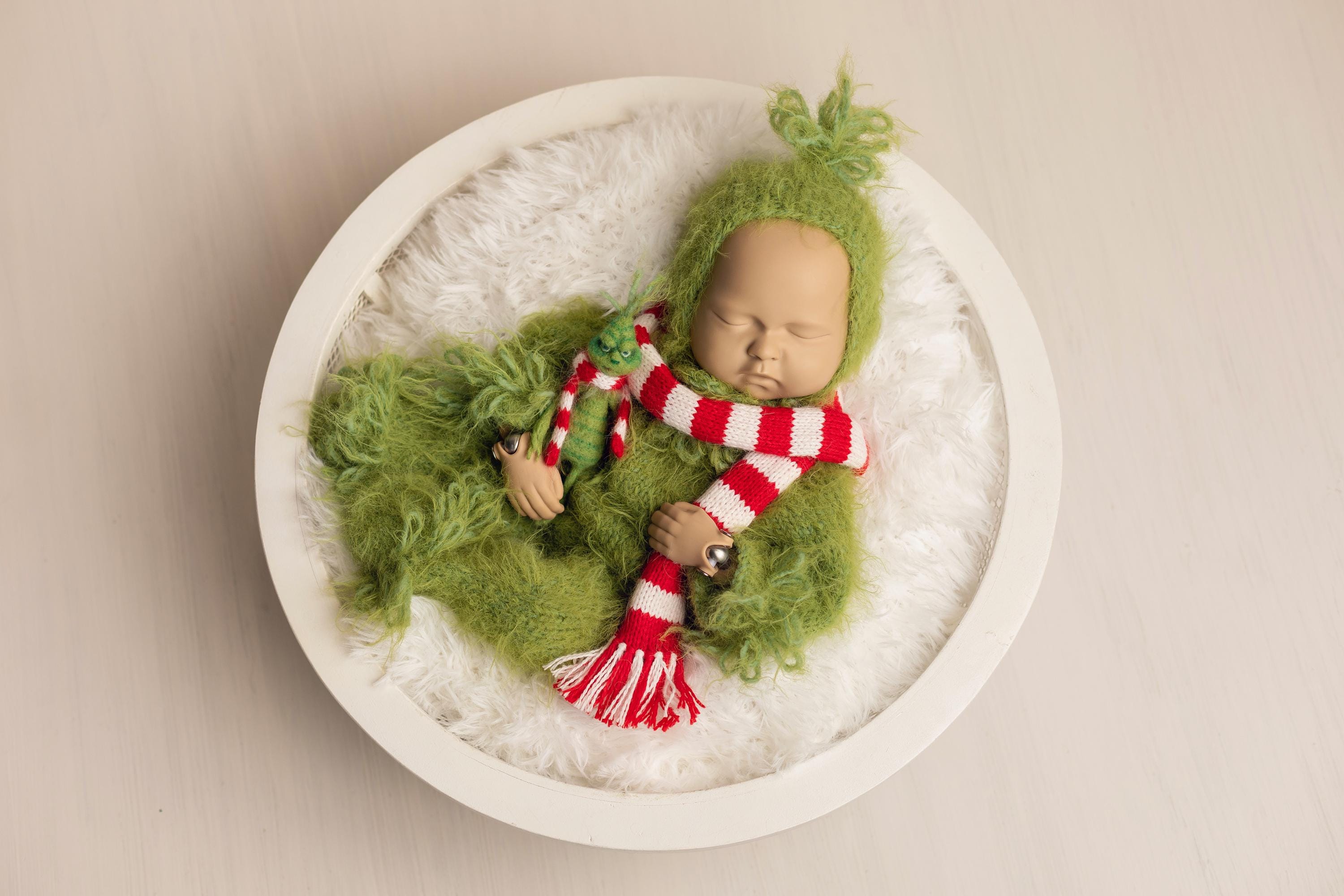 Whimsical Holiday Green Monster Outfit for Newborns with Felted Toy and Striped Scarf