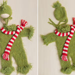 Whimsical Holiday Green Monster Outfit for Newborns with Felted Toy and Striped Scarf