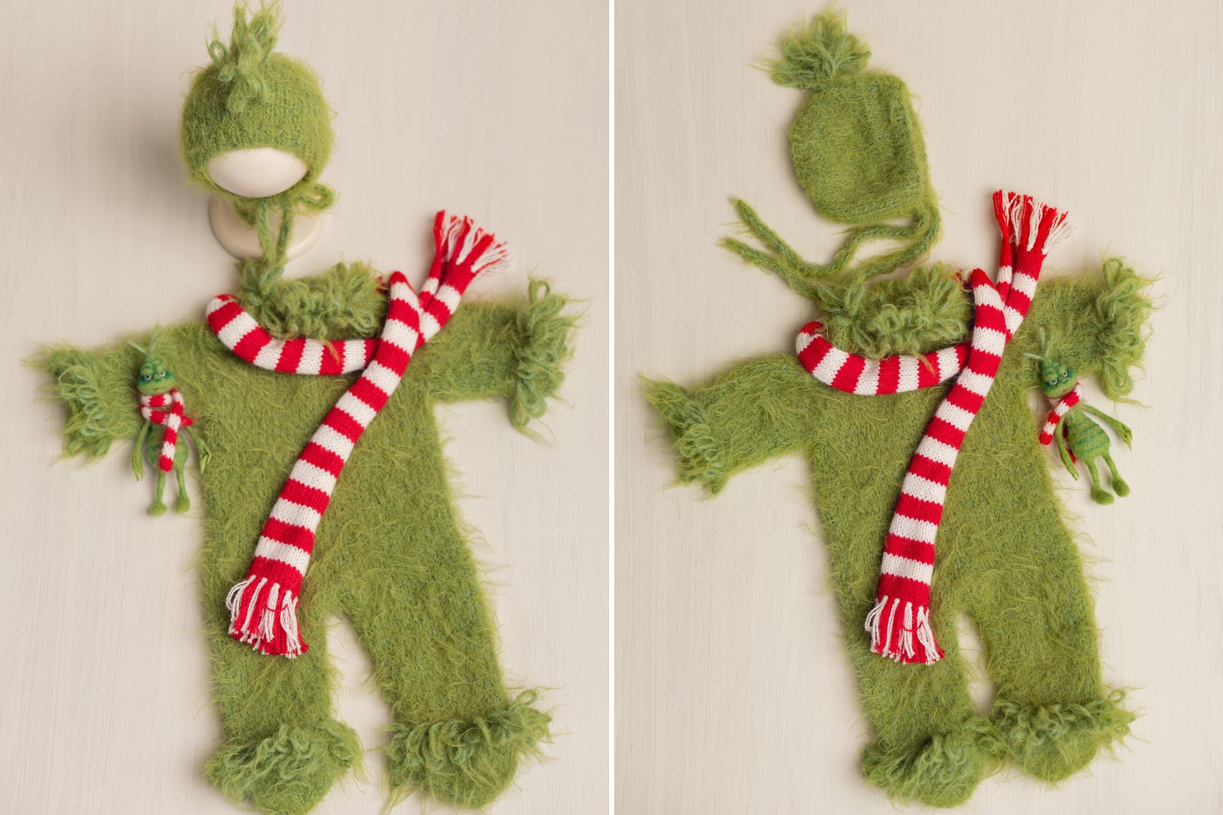 Whimsical Holiday Green Monster Outfit for Newborns with Felted Toy and Striped Scarf