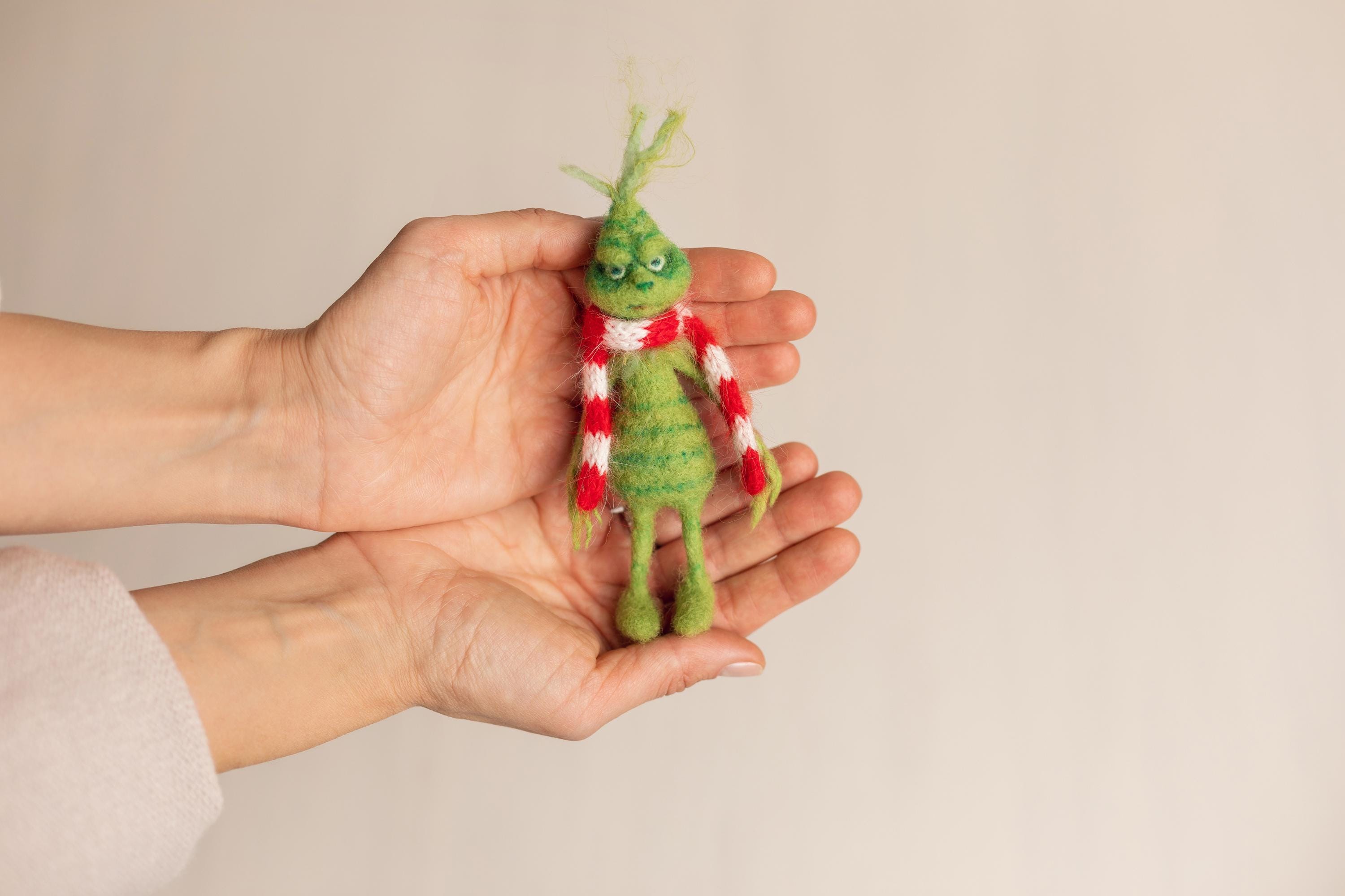 Felted Wool Whimsical Holiday Green Monster Toy for Christmas Photography Props and Holiday Gift