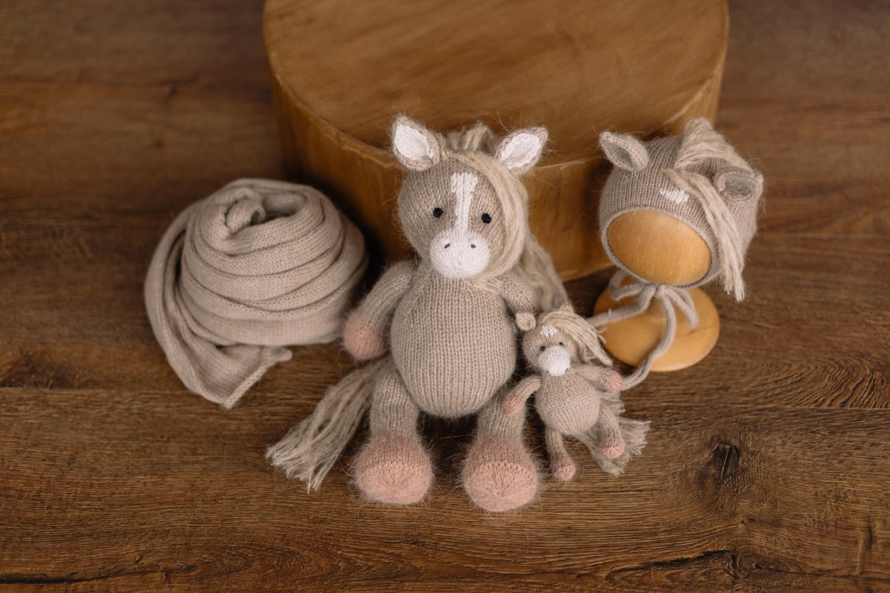 Angora Wool Newborn Horse & Unicorn Bonnet Set with Knit Toy