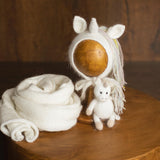 Angora Wool Newborn Horse & Unicorn Bonnet Set with Knit Toy