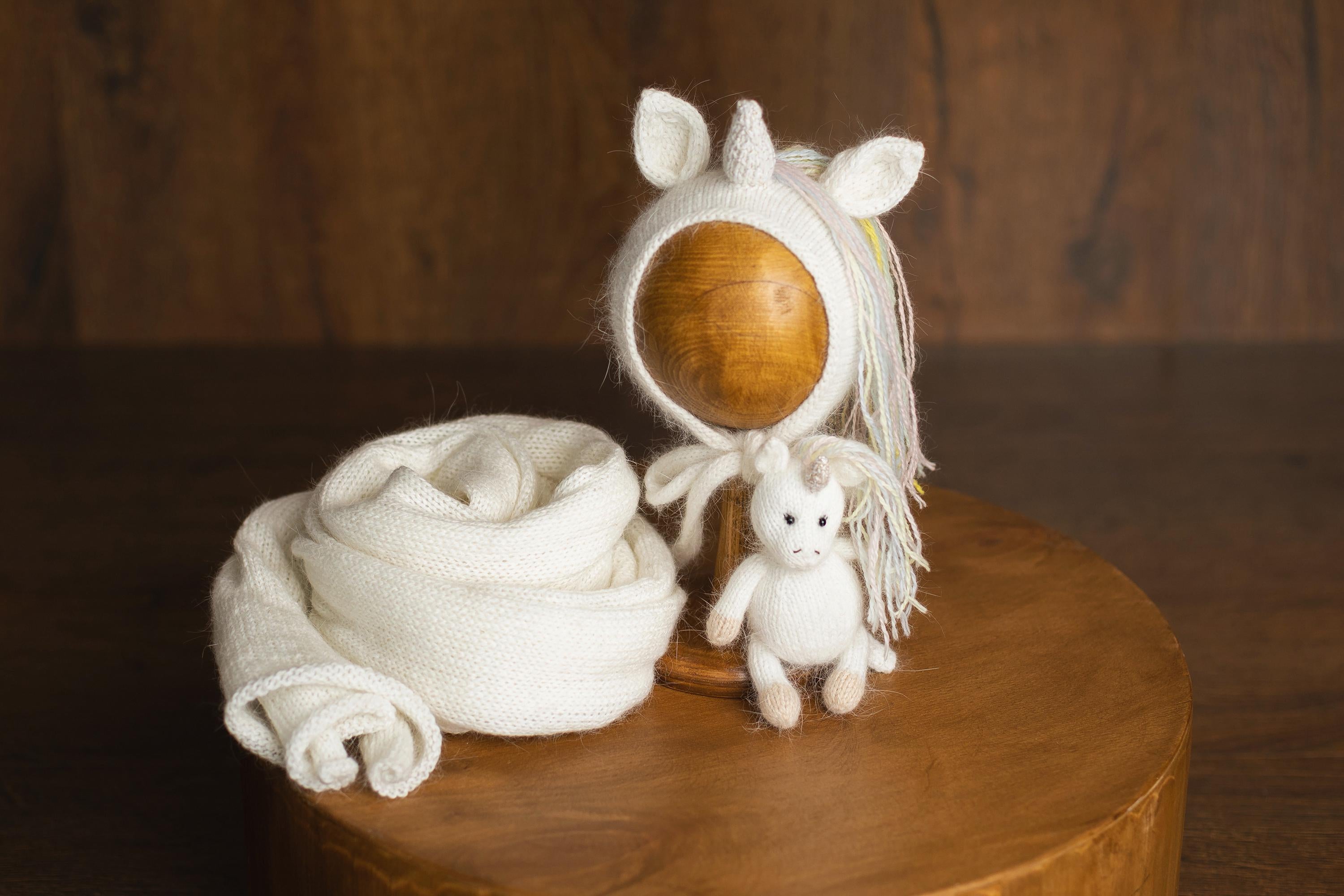 Angora Wool Newborn Horse & Unicorn Bonnet Set with Knit Toy