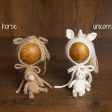 Angora Wool Newborn Horse & Unicorn Bonnet Set with Knit Toy