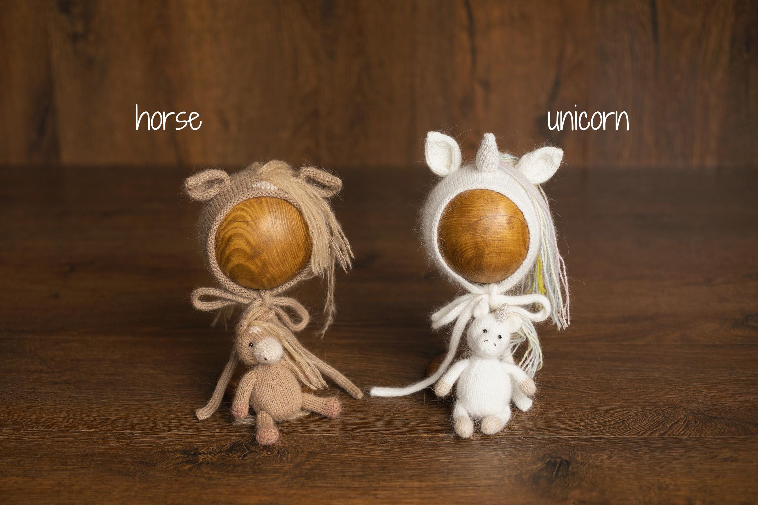 Angora Wool Newborn Horse & Unicorn Bonnet Set with Knit Toy