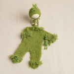 Whimsical Holiday Green Monster Outfit for Newborns with Felted Toy and Striped Scarf