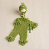 Whimsical Holiday Green Monster Outfit for Newborns with Felted Toy and Striped Scarf