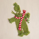 Whimsical Holiday Green Monster Outfit for Newborns with Felted Toy and Striped Scarf