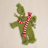 Whimsical Holiday Green Monster Outfit for Newborns with Felted Toy and Striped Scarf