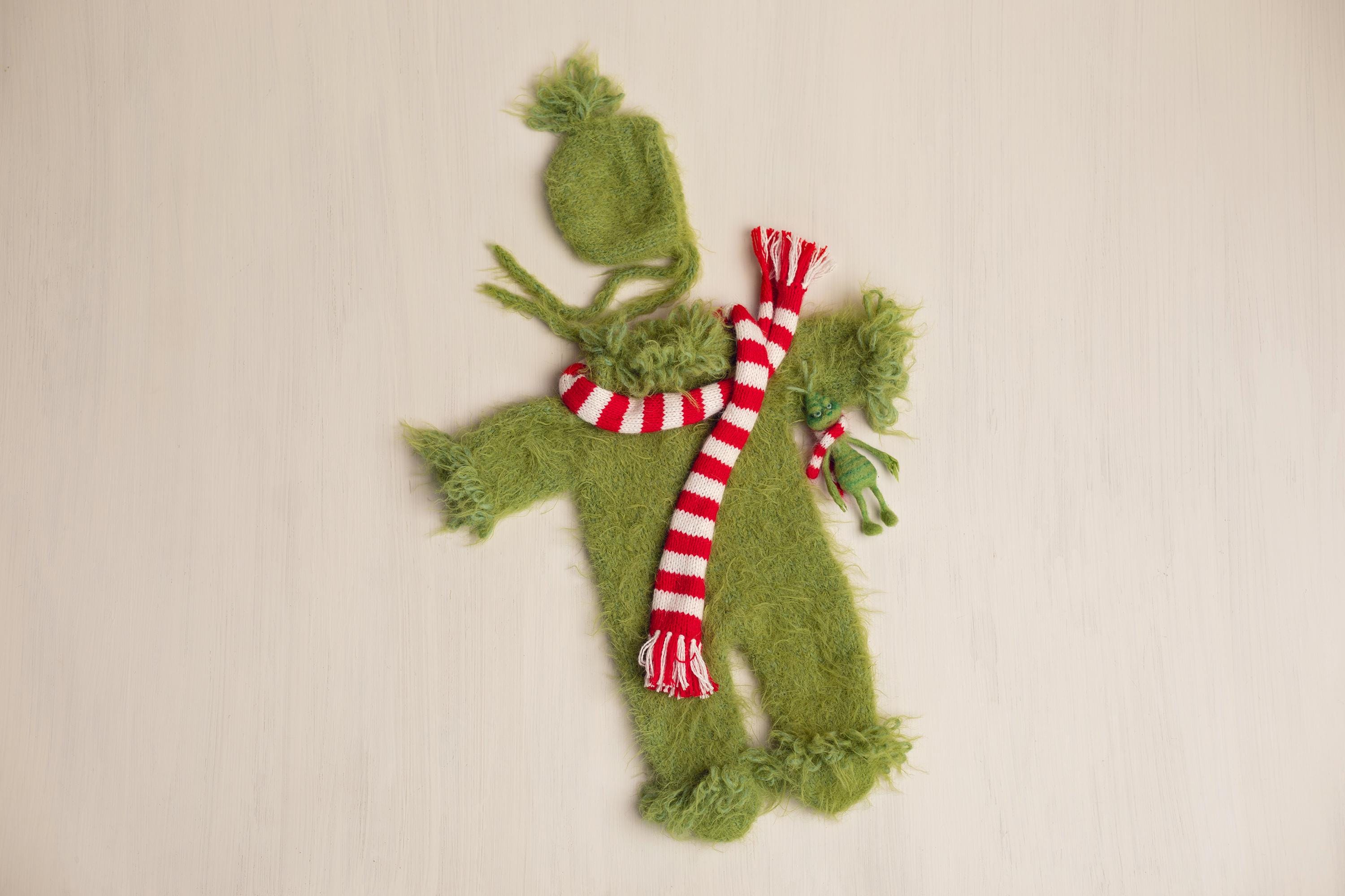 Whimsical Holiday Green Monster Outfit for Newborns with Felted Toy and Striped Scarf