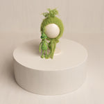 Whimsical Holiday Green Monster Outfit for Newborns with Felted Toy and Striped Scarf