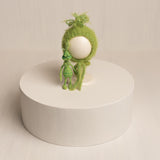 Whimsical Holiday Green Monster Outfit for Newborns with Felted Toy and Striped Scarf