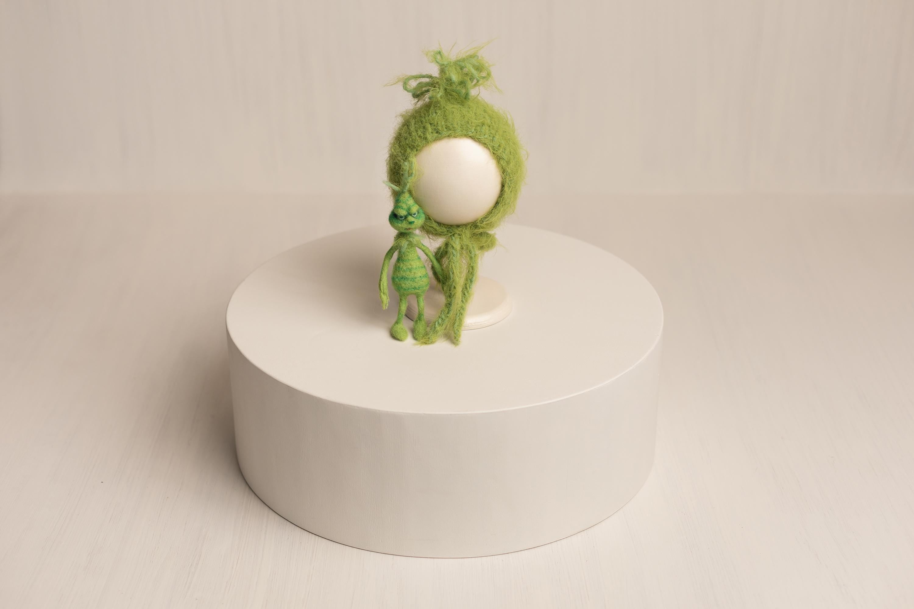 Whimsical Holiday Green Monster Outfit for Newborns with Felted Toy and Striped Scarf