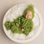 Whimsical Holiday Green Monster Outfit for Newborns with Felted Toy and Striped Scarf