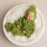 Whimsical Holiday Green Monster Outfit for Newborns with Felted Toy and Striped Scarf