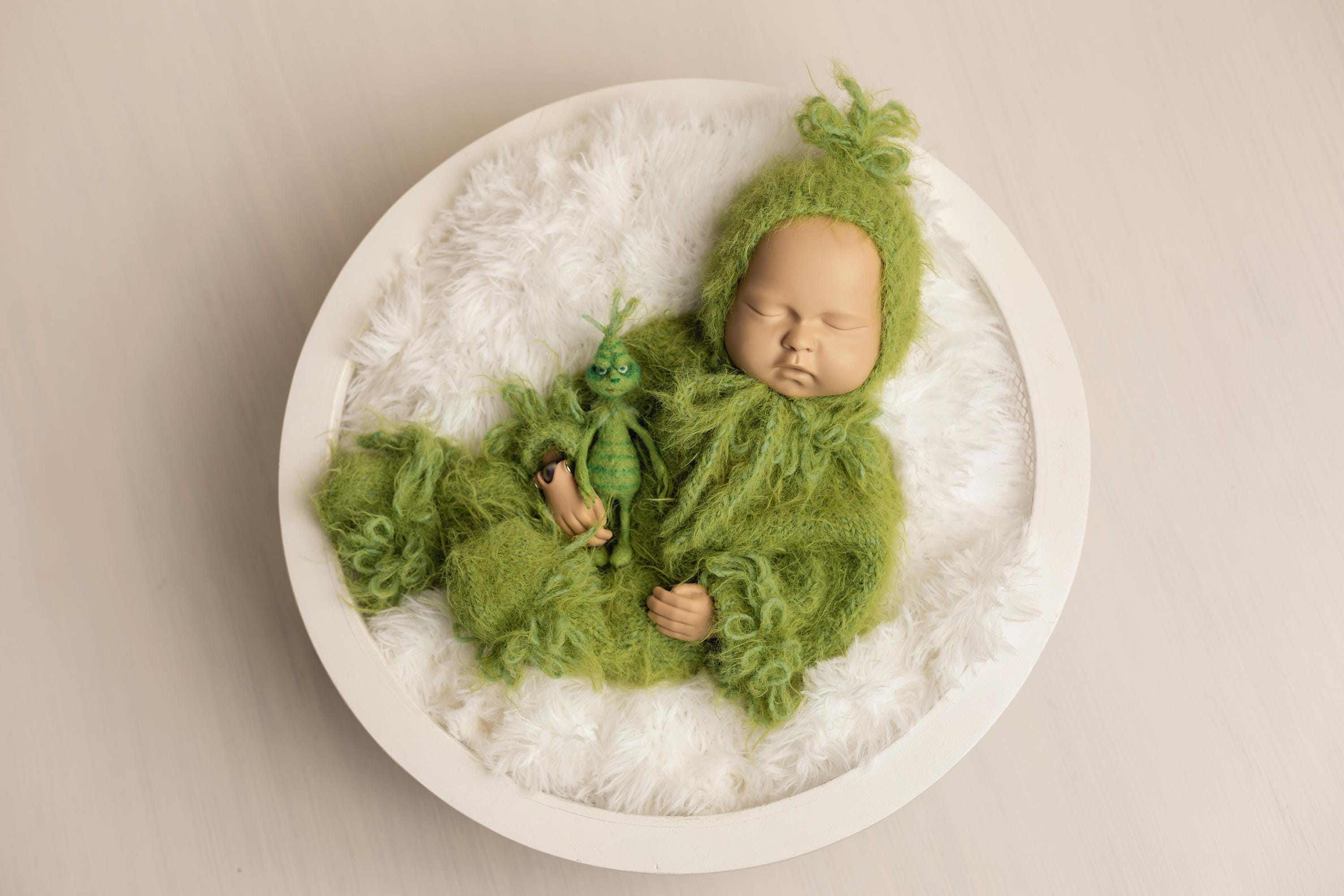 Whimsical Holiday Green Monster Outfit for Newborns with Felted Toy and Striped Scarf