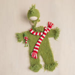 Whimsical Holiday Green Monster Outfit for Newborns with Felted Toy and Striped Scarf
