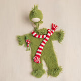 Whimsical Holiday Green Monster Outfit for Newborns with Felted Toy and Striped Scarf