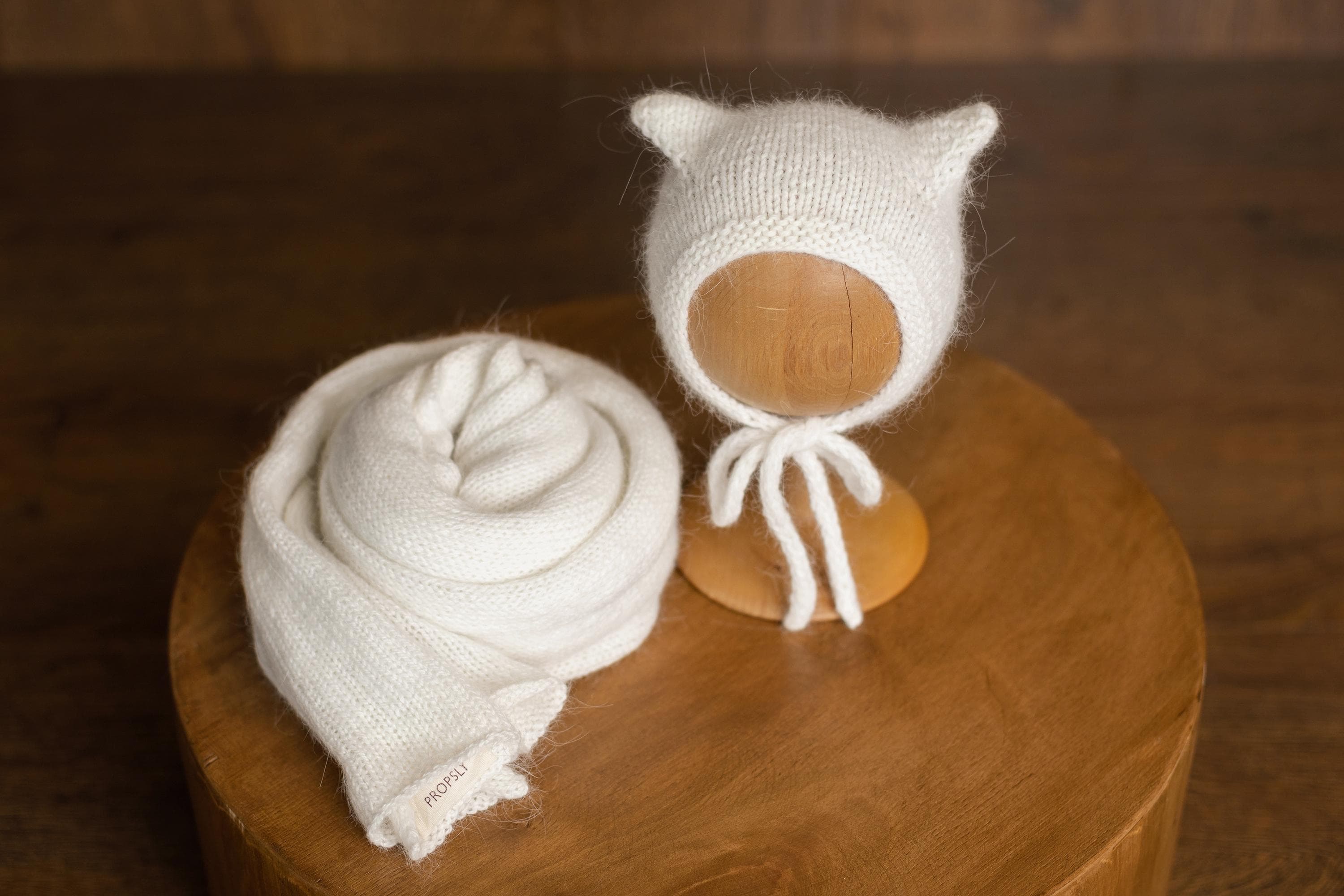 Angora Wool Knitted Kitten Bonnet for Newborn Photoshoots and Coming Home Outfit Baby Shower Gift