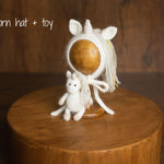 Angora Wool Newborn Horse & Unicorn Bonnet Set with Knit Toy