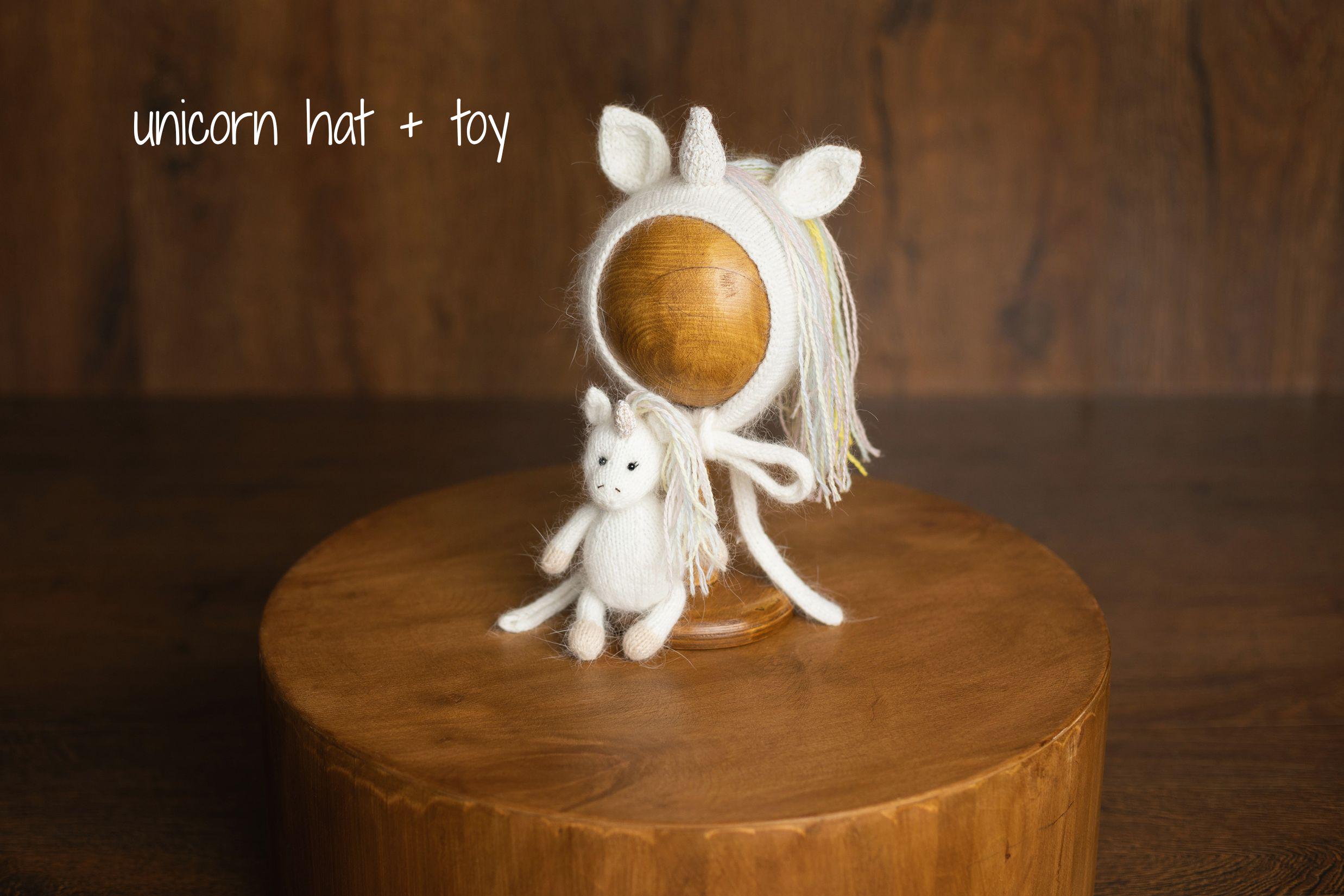 Angora Wool Newborn Horse & Unicorn Bonnet Set with Knit Toy