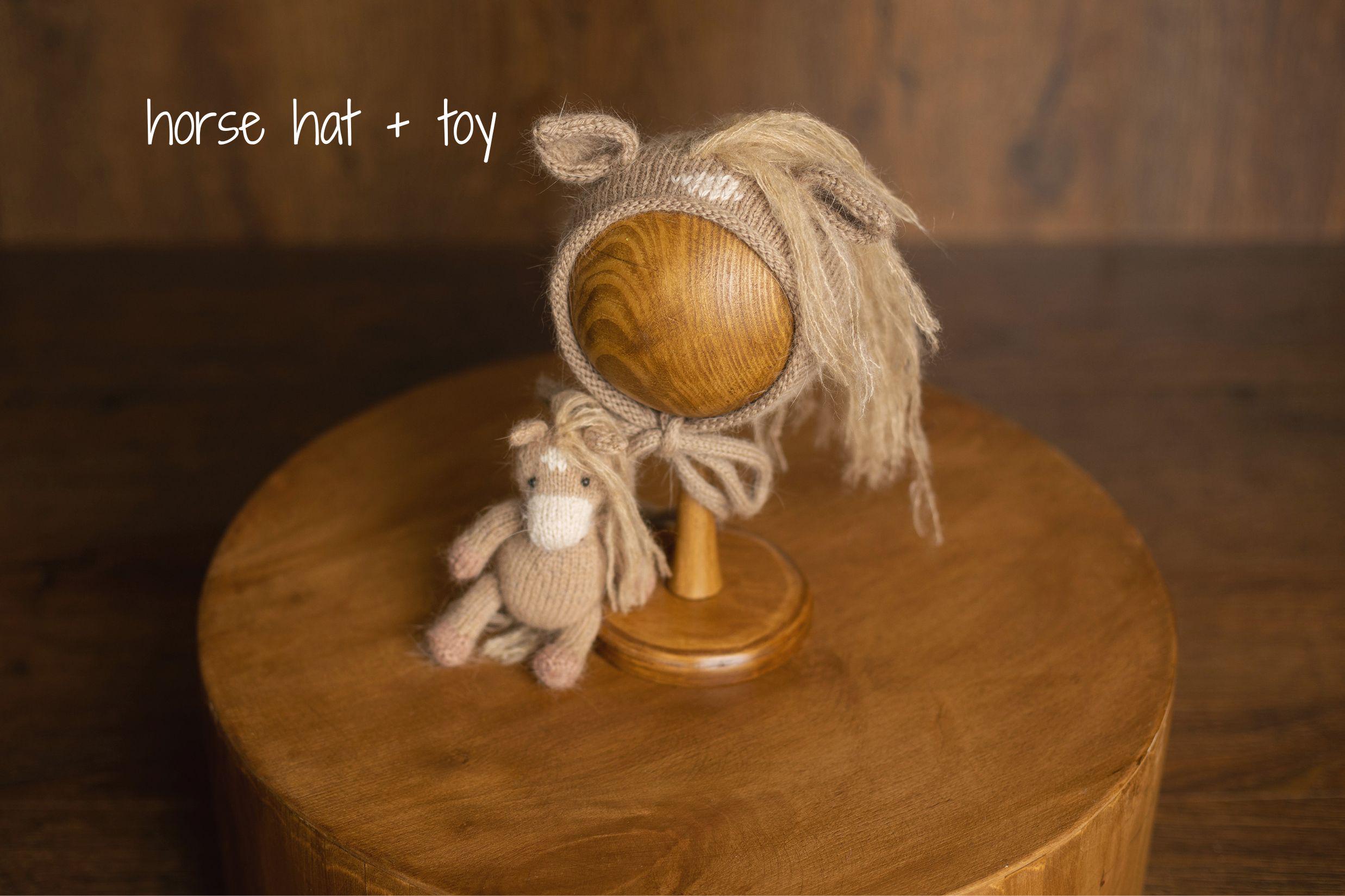 Angora Wool Newborn Horse & Unicorn Bonnet Set with Knit Toy