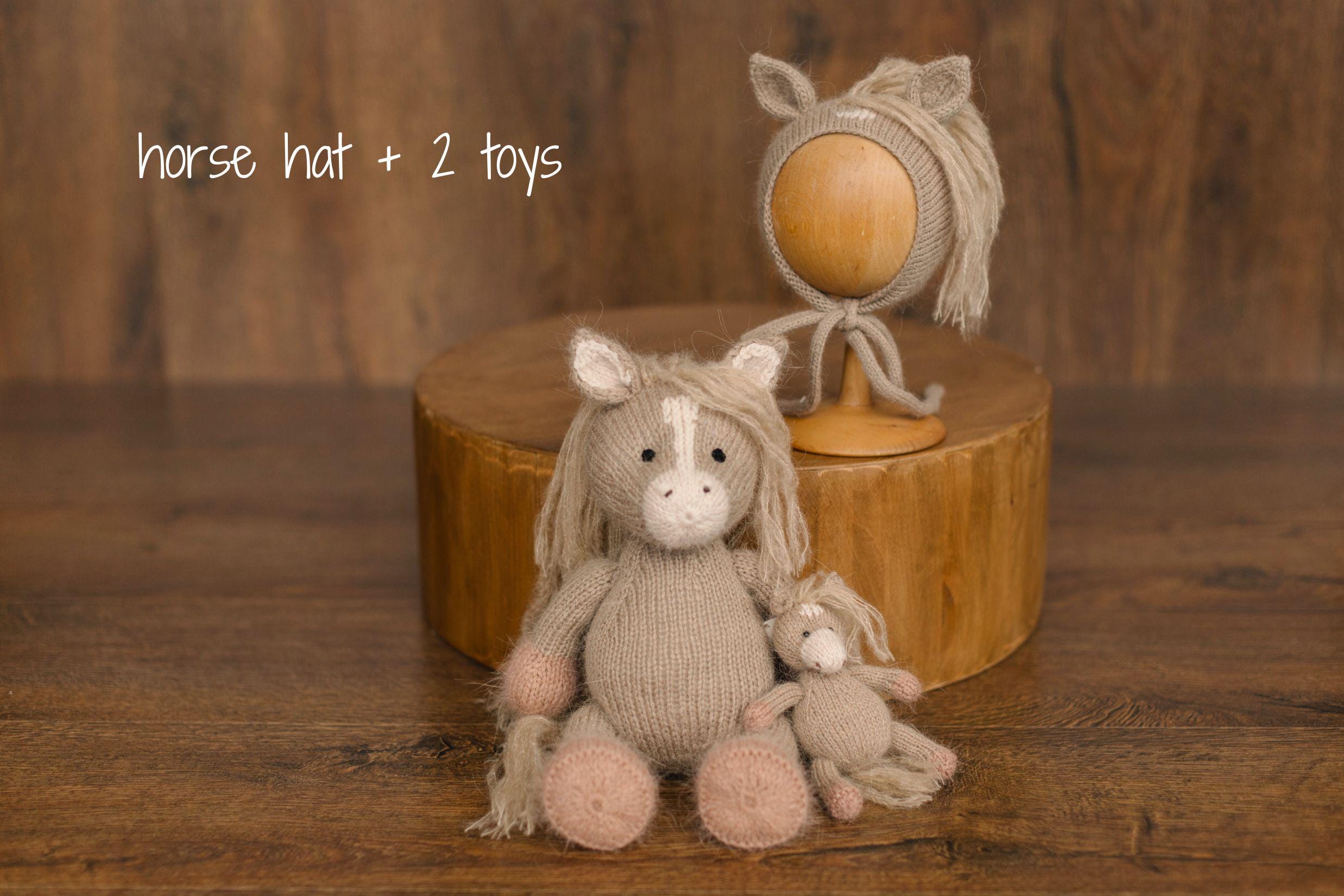 Angora Wool Newborn Horse & Unicorn Bonnet Set with Knit Toy