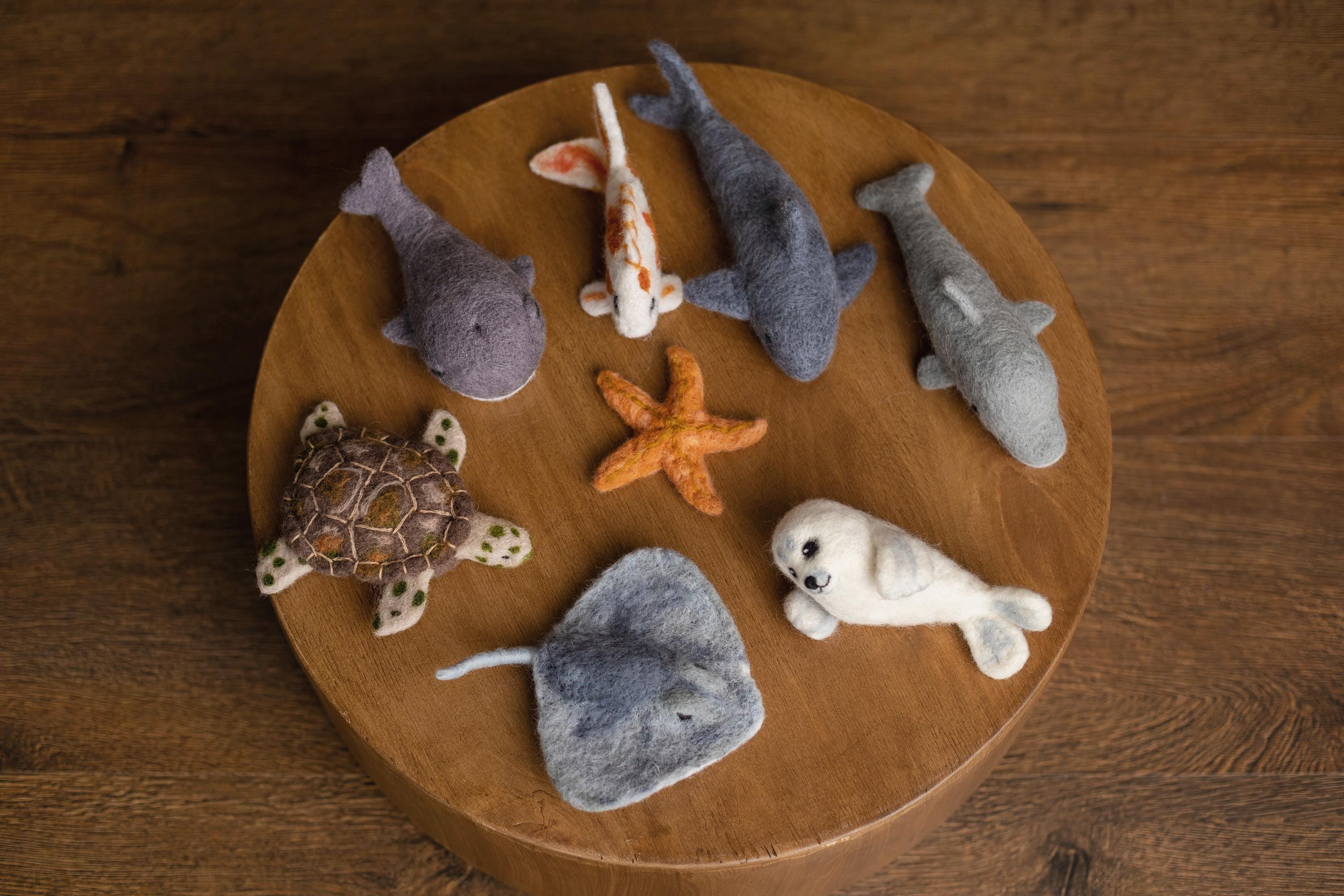 Felted Wool Sea Animals Toy for Newborn Photography Props (Shark, Dolphin, Whale, Seal, Turtle, Koi Fish, Stingray, Starfish)