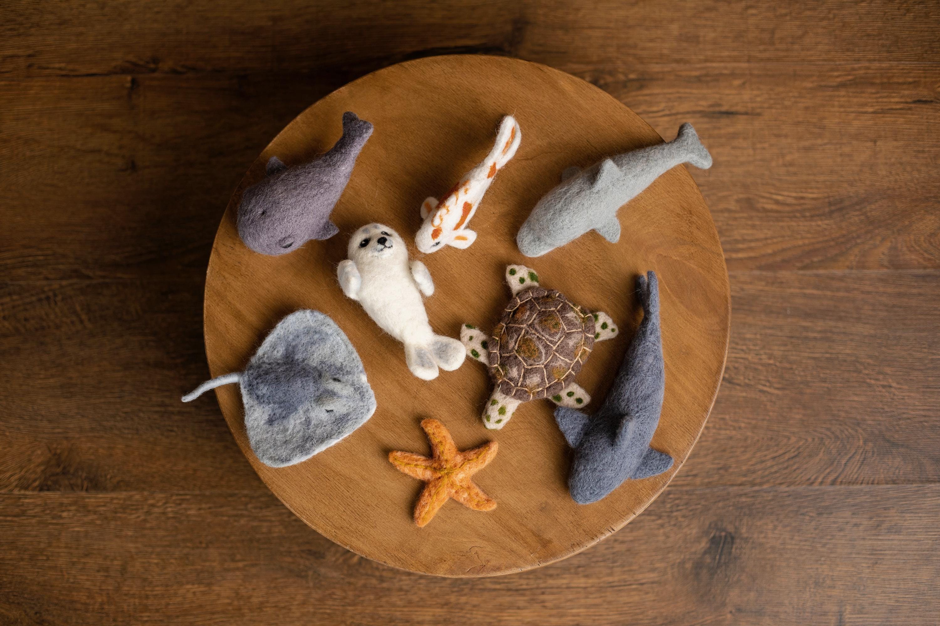 Felted Wool Sea Animals Toy for Newborn Photography Props (Shark, Dolphin, Whale, Seal, Turtle, Koi Fish, Stingray, Starfish)