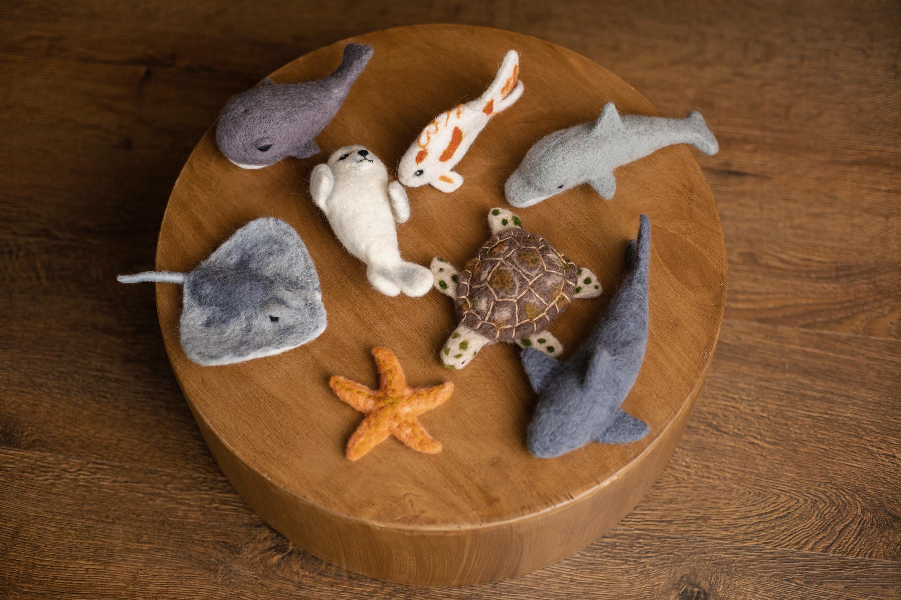 Felted Wool Sea Animals Toy for Newborn Photography Props (Shark, Dolphin, Whale, Seal, Turtle, Koi Fish, Stingray, Starfish)