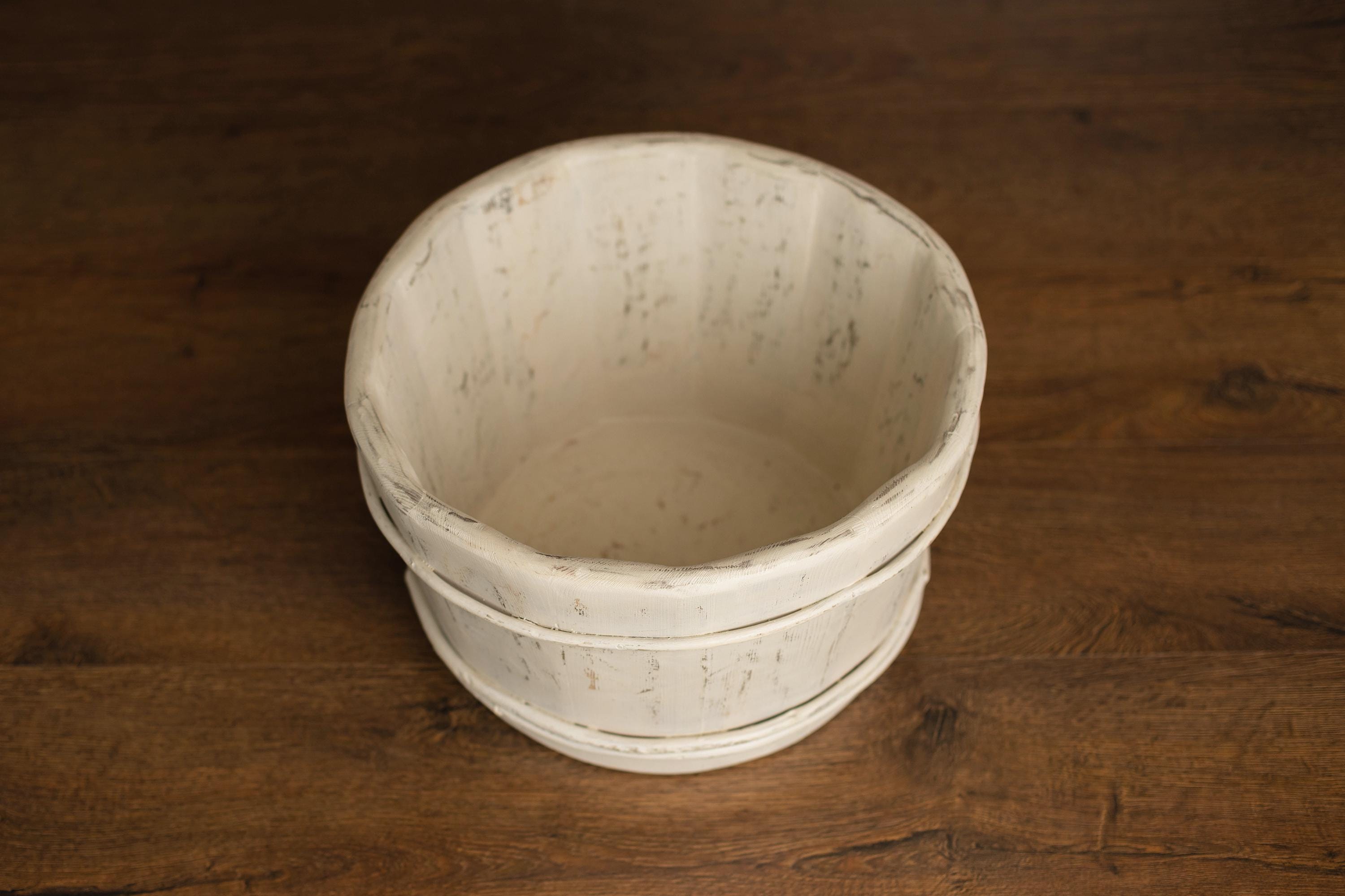 Vintage Ivory Wooden Newborn Photography Bucket – Rustic Baby Prop Wood Bowl