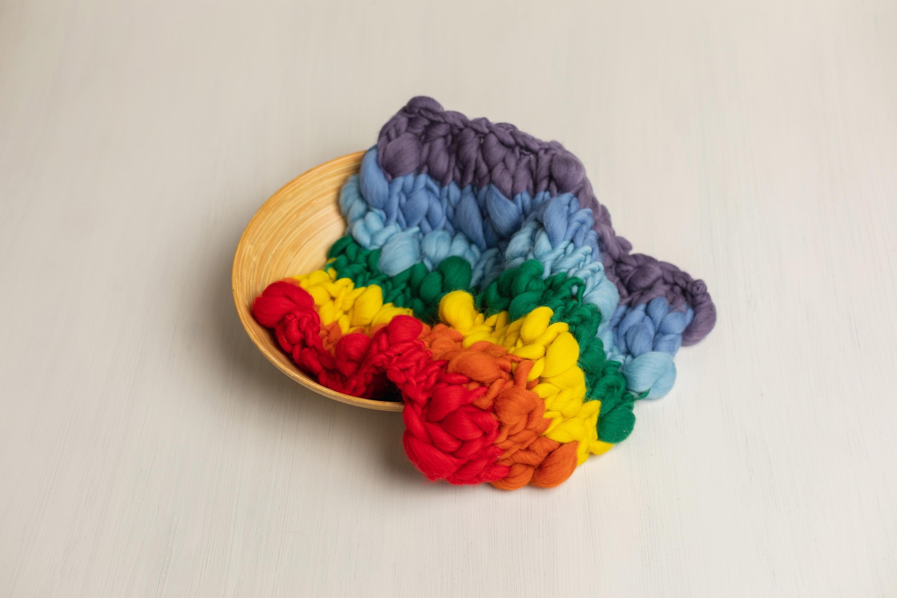 Merino Wool Rainbow Baby Newborn Photography Props: Chunky Hand Knitted Baby Blanket, Newborn Rainbow Headband, Felted Heart and Rainbow Toy