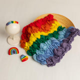 Merino Wool Rainbow Baby Newborn Photography Props: Chunky Hand Knitted Baby Blanket, Newborn Rainbow Headband, Felted Heart and Rainbow Toy