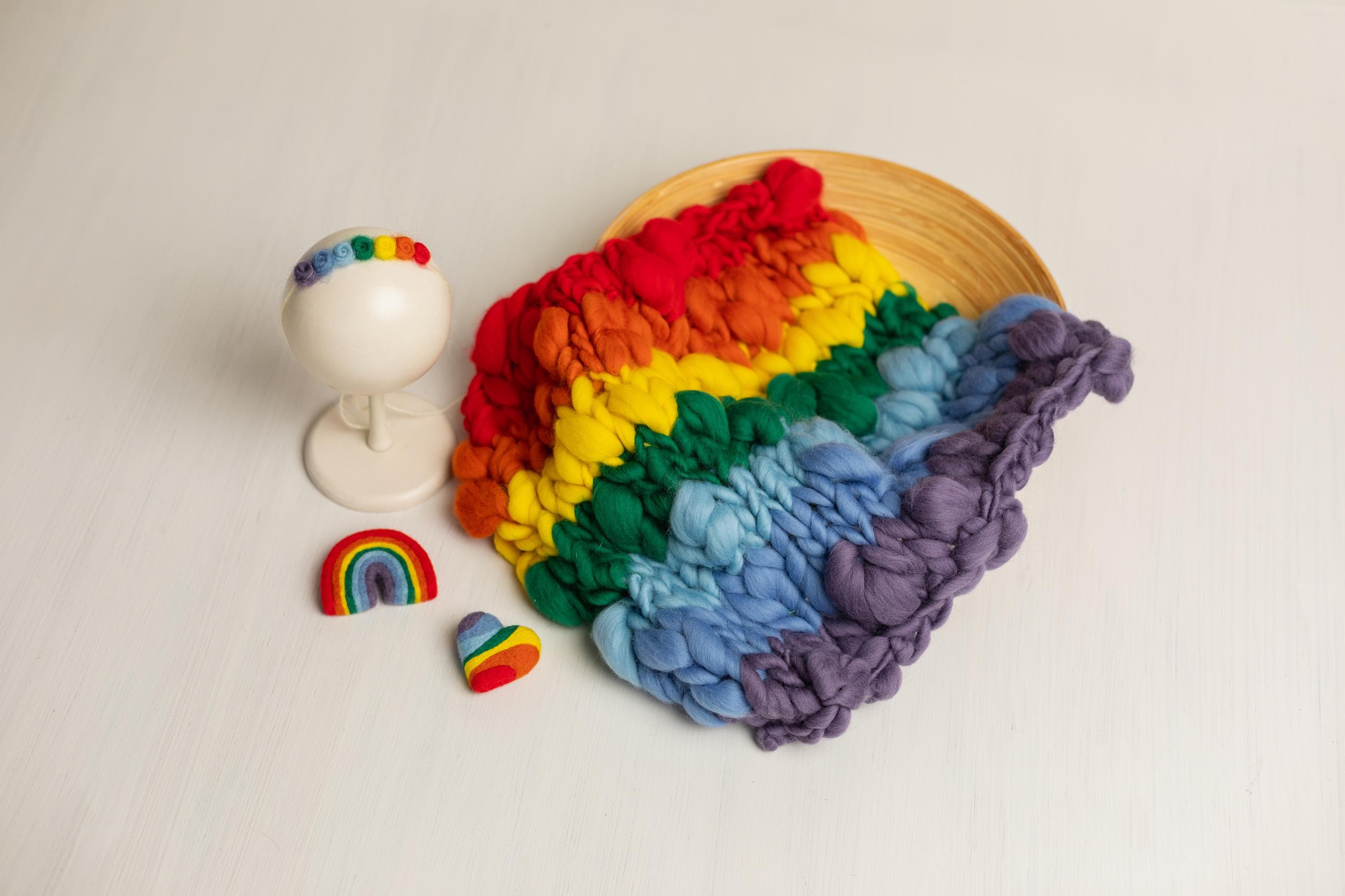 Merino Wool Rainbow Baby Newborn Photography Props: Chunky Hand Knitted Baby Blanket, Newborn Rainbow Headband, Felted Heart and Rainbow Toy