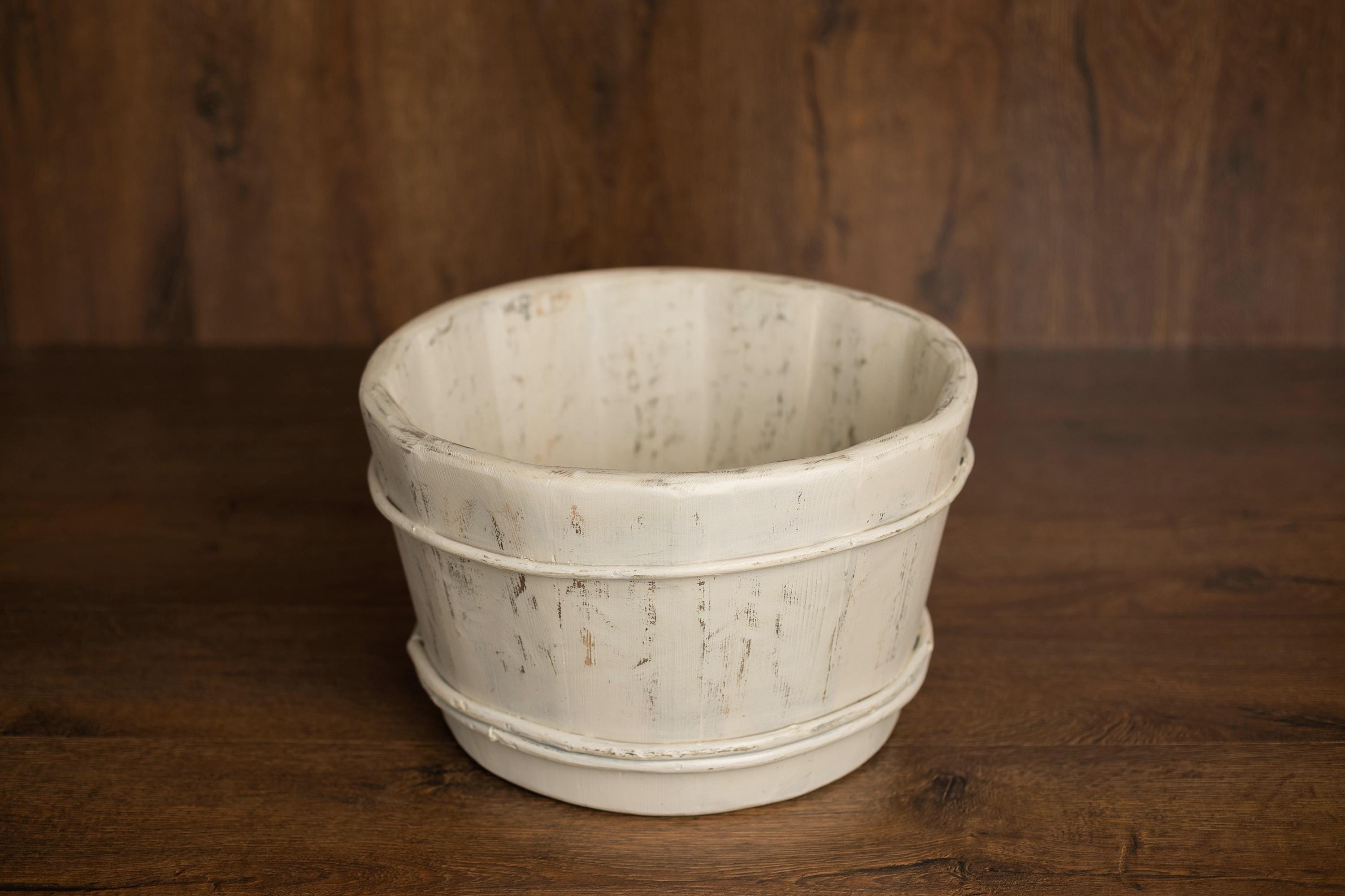 Vintage Ivory Wooden Newborn Photography Bucket – Rustic Baby Prop Wood Bowl