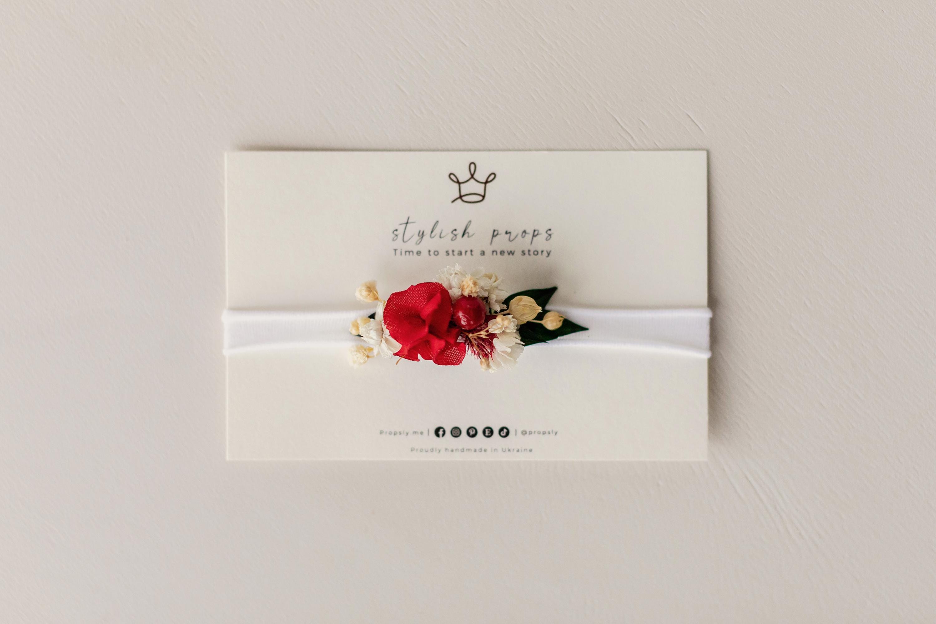 Christmas Newborn Girl Floral Headband, Dried Flower Baby Headband, Christmas Baby Girl Outfit, Holiday Newborn Photo Prop