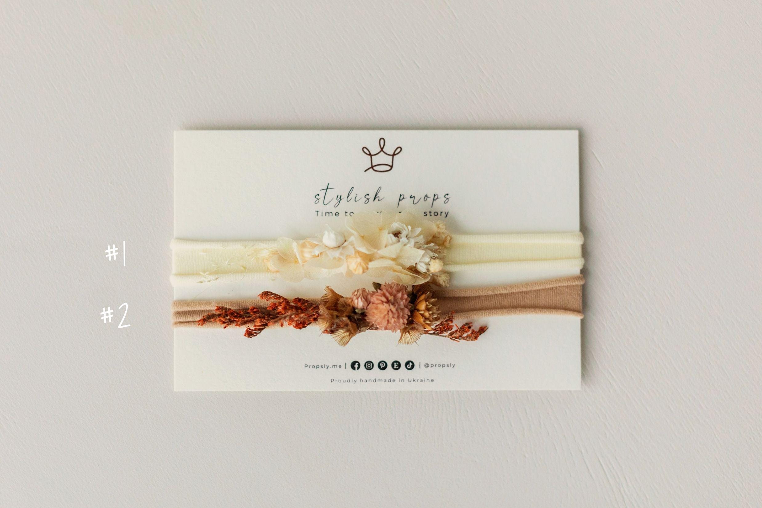 Handmade Floral Headband for Newborn Girl – Dried Flower Baby Accessory, Soft Boho Headband for Photos & Baby Shower