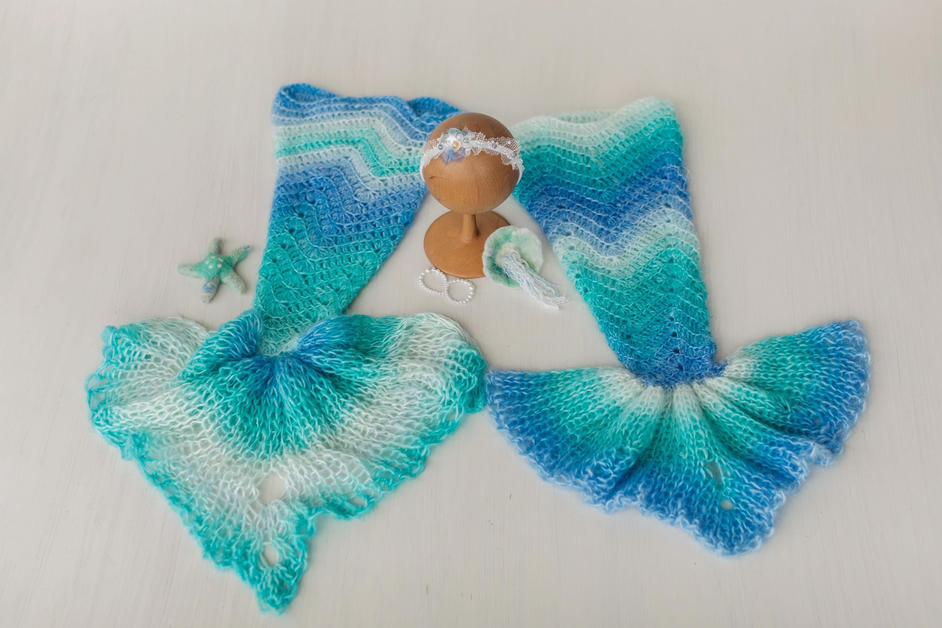 Newborn Mermaid Outfit with Knitted Mermaid Tail, Baby Girl Headband & Accessories – Mermaid Newborn Photography Prop Set