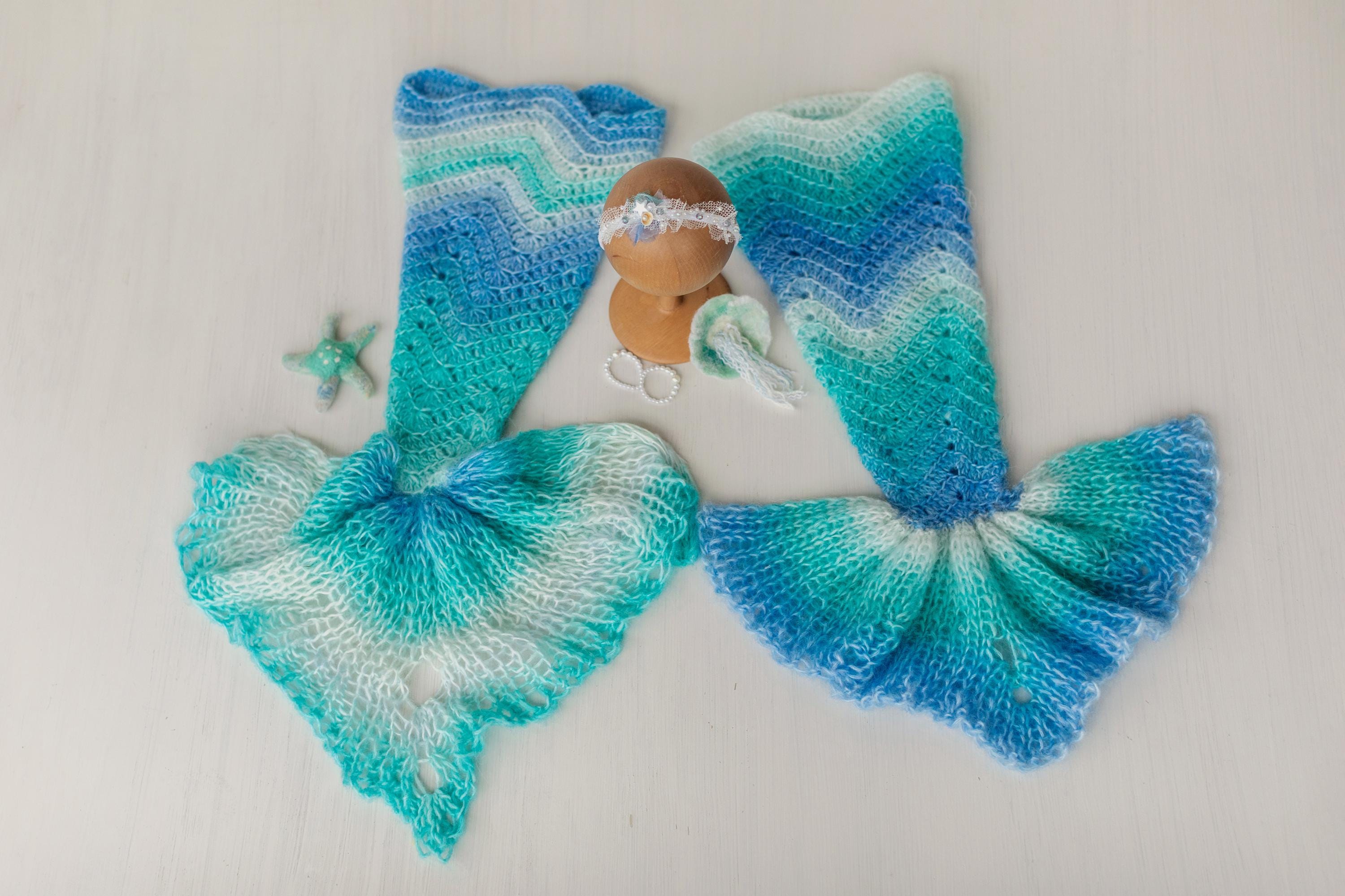 Newborn Mermaid Outfit with Knitted Mermaid Tail, Baby Girl Headband & Accessories – Mermaid Newborn Photography Prop Set