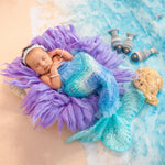 Newborn Mermaid Outfit with Knitted Mermaid Tail, Baby Girl Headband & Accessories – Mermaid Newborn Photography Prop Set