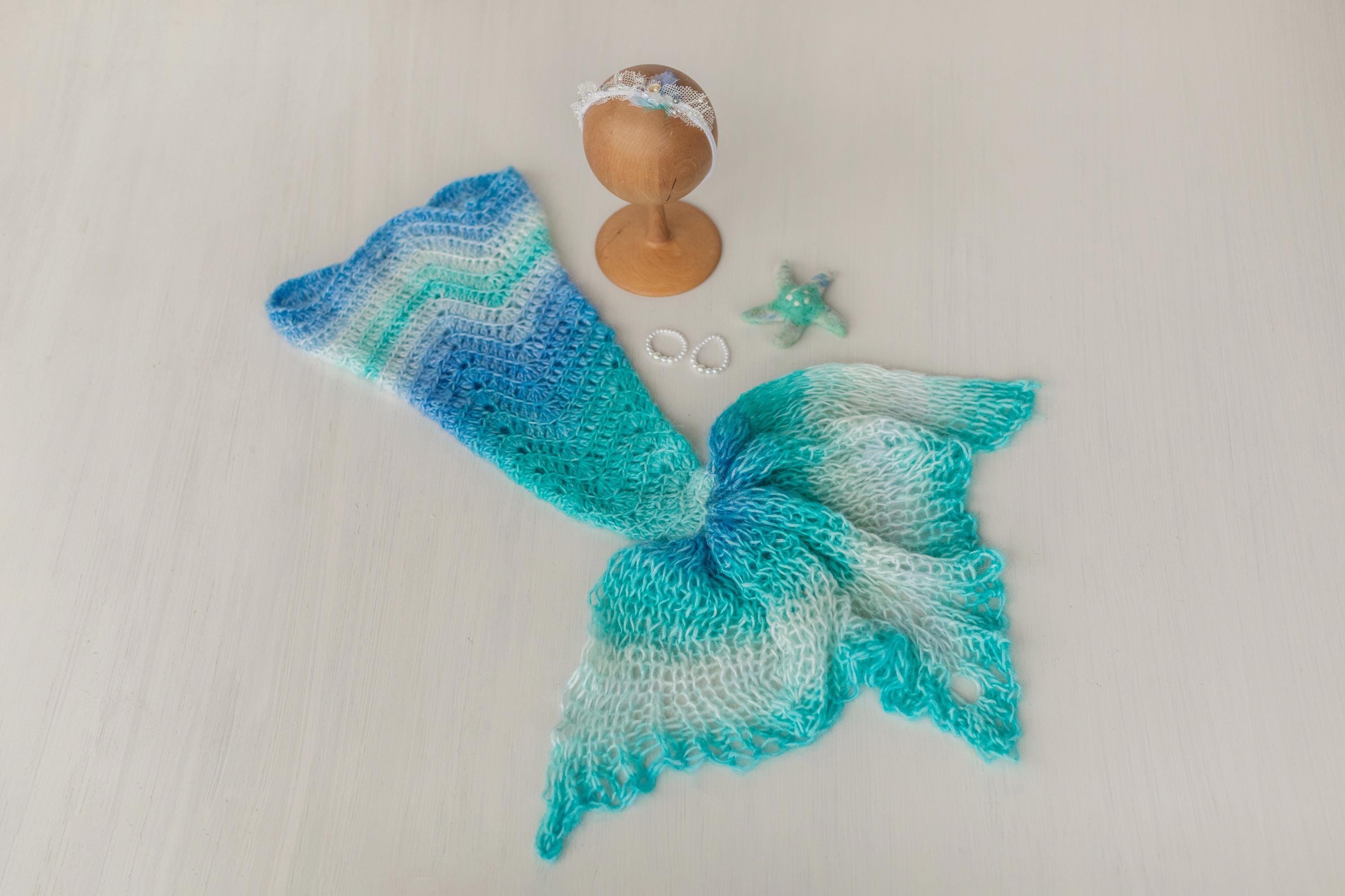 Newborn Mermaid Outfit with Knitted Mermaid Tail, Baby Girl Headband & Accessories – Mermaid Newborn Photography Prop Set