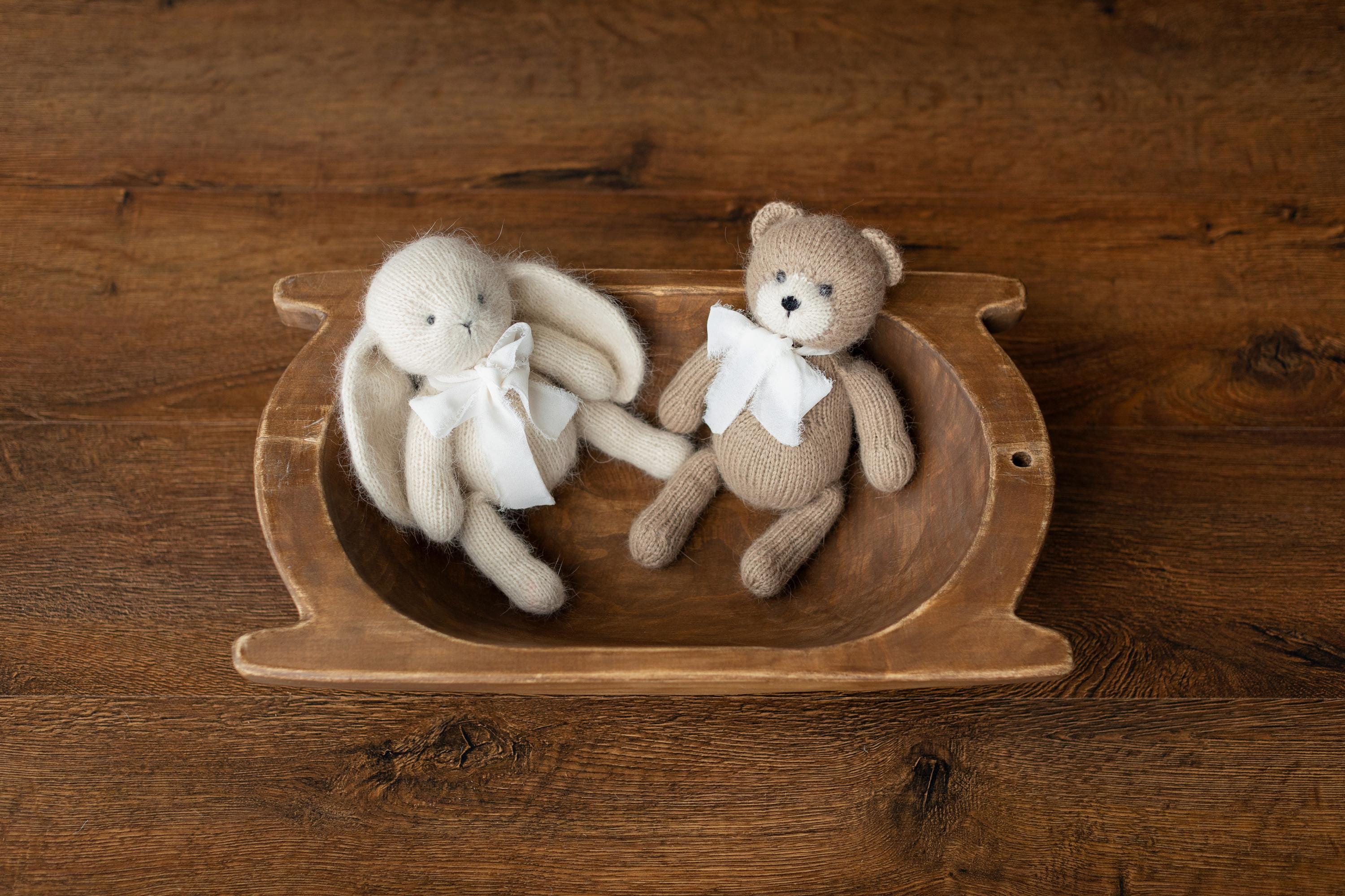 Angora Wool Knitted Bear and Bunny Toys Medium Size, Newborn Photography Props, Baby Shower Gift and Keepsake Toy