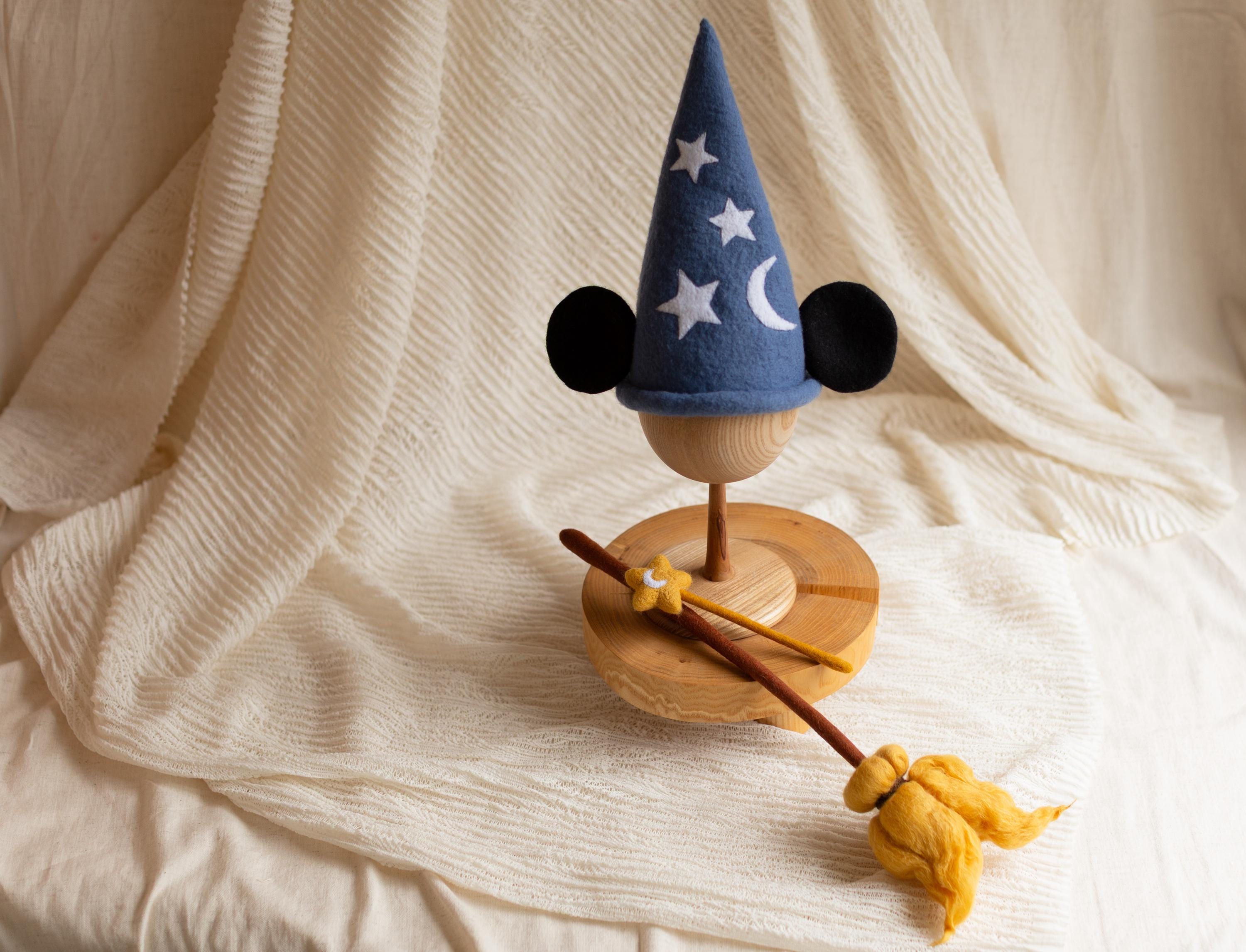 Newborn Magic Wizard Costume Cartoon Photo Props, Felted Wool Sorcerer Hat with Broom and Magic Star Wand, Baby Halloween Holiday Photoshoot