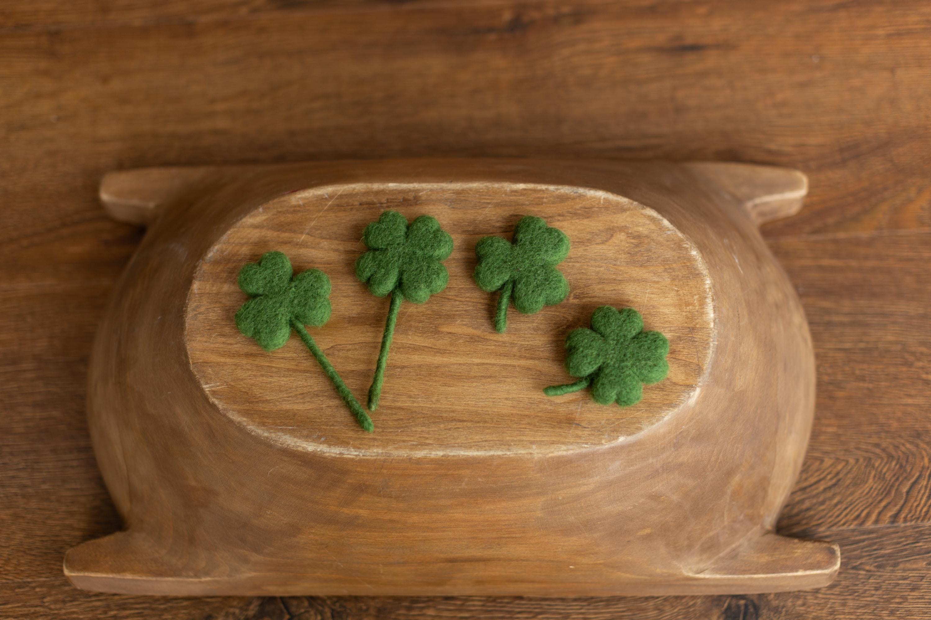 Felted Wool Shamrock and Four-Leaf Lucky Clover for St Patrick’s Day Decoration and Newborn Photography Props, Lucky Baby Photo Styling