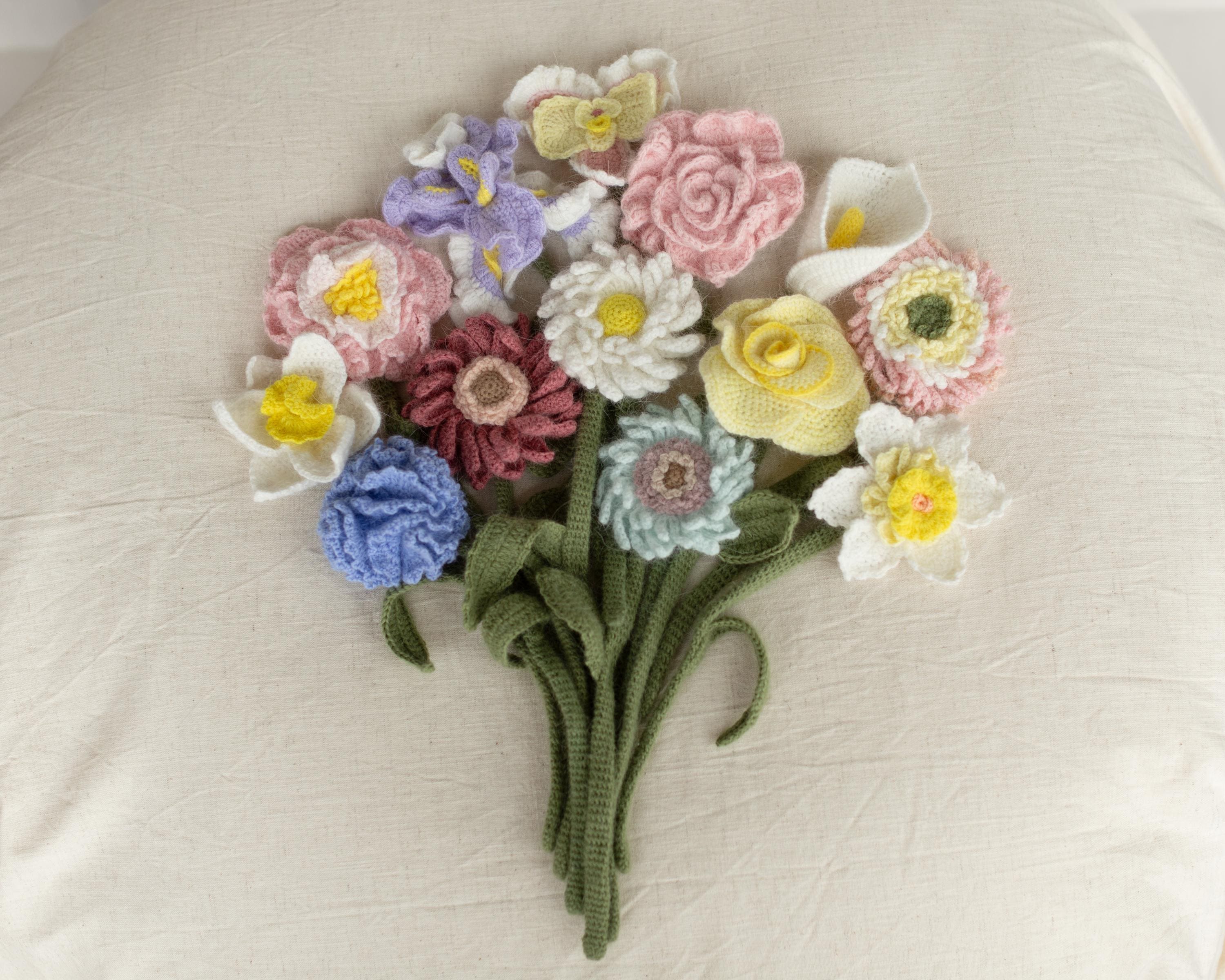 Angora Crochet Flower Bouquet Newborn Photography Prop, Handmade Flower Bunch, Everlasting Bouquet Gift, Wedding Flower Knit Bridal Bouquet