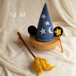 Newborn Magic Wizard Costume Cartoon Photo Props, Felted Wool Sorcerer Hat with Broom and Magic Star Wand, Baby Halloween Holiday Photoshoot