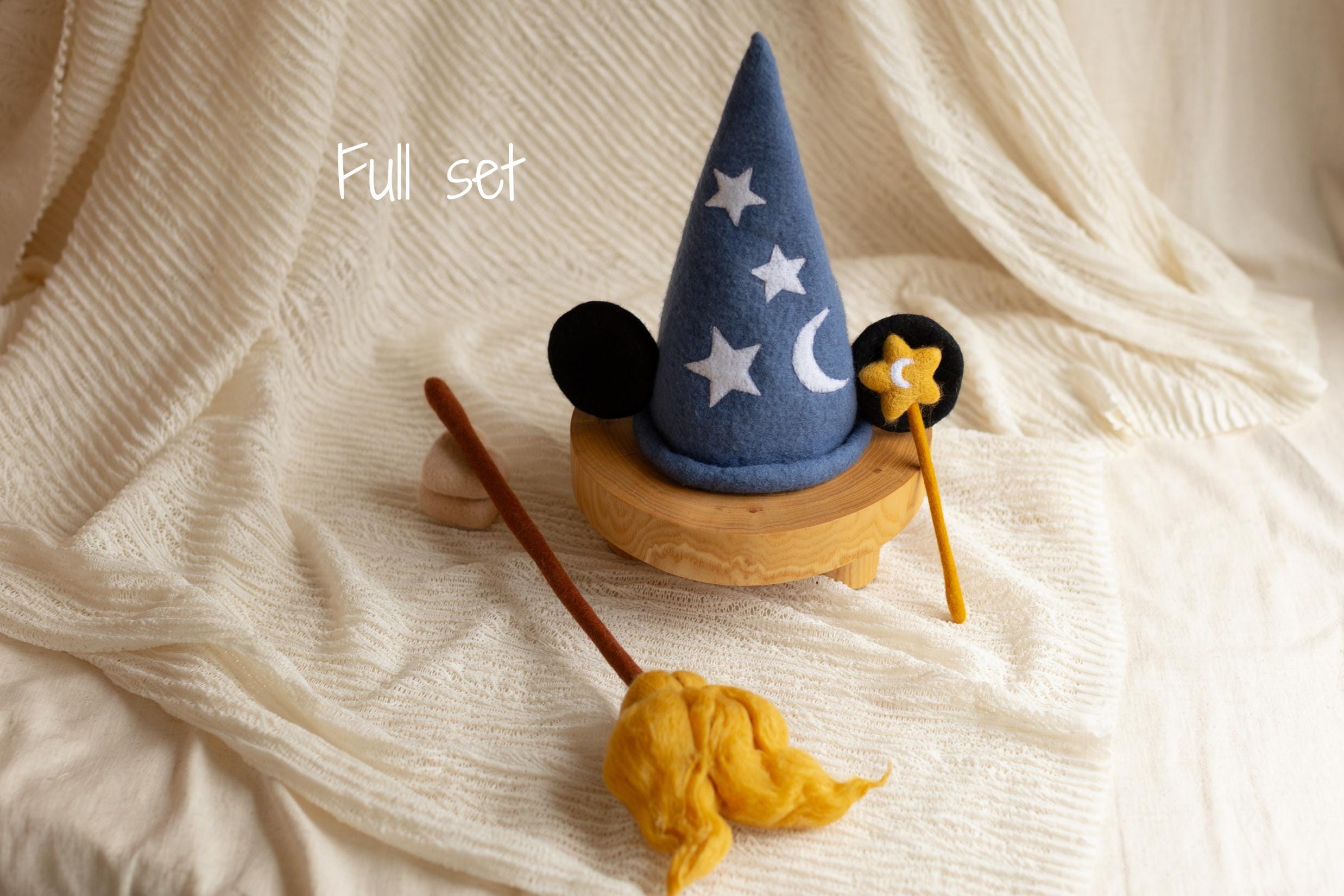 Newborn Magic Wizard Costume Cartoon Photo Props, Felted Wool Sorcerer Hat with Broom and Magic Star Wand, Baby Halloween Holiday Photoshoot